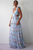 Frill Straps Cutout Tie Up Floral Print Tulle Maxi Dresses-Blue Pre Order