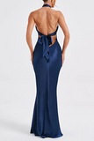 Cross Halter Bodycon Tie Up Open Back Gowns Maxi Dresses-Navy