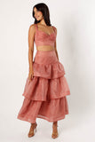 Pleated Cami Crop Top Layered Mesh Maxi Skirt Party 2pcs Set-Pink