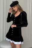 Long Sleeve U Neck Button Up Layered Trim A-Line Velvet Mini Dresses-Black