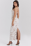 Floral Embroidery Bodycon Spaghetti Strap Maxi Dresses-White