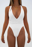 Deep V Neck Crossover Backless Tie Up One-Piece Swimsuit-Orange