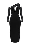 Irregular Cutout Long Sleeve Slim Fit Mesh Maxi Dresses-Black