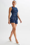 Button Up Slit Tank Top High Waist Shorts Denim Matching Set-Blue