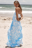 Floral Print Boat Neck Loose Fit Vacation Maxi Tube Dresses-Blue