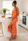 Abstract Pattern Square Neck Tie Up Tank Top Slit Maxi Skirt Matching Set-Orange