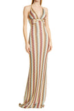 Halter V Neck Backless Boho Pattern Knit Slim-Fit Vacation Maxi Dresses-Beige