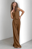 Striped V Neck Button Up Waistcoat Wide Leg Pants Matching Set-Brown