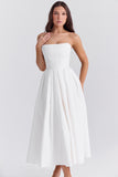 Elegant Strapless Corset Back Zipper Pleated Midi Dresses-White