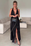 Sleeveless Pleated Halter Backless Loose Fit A-Line Slit Cocktail Party Maxi Dresses