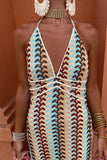 Halter V Neck Backless Boho Pattern Knit Slim-Fit Vacation Maxi Dresses-Beige