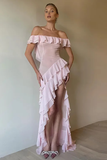 Off Shoulder Flounced High Slit Backless Maxi Dresses-Pink