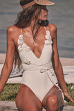 3D Flower Decor Deep V Neck Tie Up One-Piece Swimsuit-White