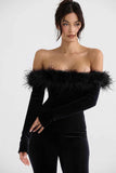 Off Shoulder Feather Trim Long Sleeve Velvet Jumpsuit