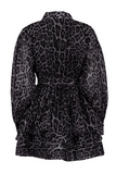 Leopard Print Turndown Collar Lantern Sleeve A-Line Mini Dresses-Black