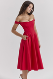 Dropped Shoulder Corset A-Line Slit Solid Color Midi Dresses-Red