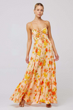 Floral Print Front Tie Up Spaghetti Strap Flowy Maxi Dresses-Orange