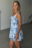 Floral Print Square Neckline Tie Up Backless Slip Mini Dresses-Blue