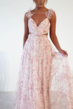 Ditsy Floral Print Frill Straps Backless Tulle Gowns Maxi Dresses-Pink