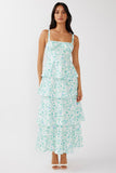 Floral Print Square Neck Straps Back Ribbon Cut Out Tiered Wedding Guest Maxi Dresses-Blue