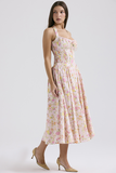 Sleeveless Halter Floral Print Corset A-Line Garden Party Midi Dresses-Pink