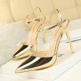 Burnished Plain Pointy Toe Ankle Strap Buckle Stiletto Heels