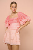 Square Neck Puffy Sleeve Ombre Tiered Backless Mini Dresses-Pink