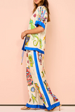 Doodle Print Short Sleeve Blouse Colorblock Wide Leg Pants Matching Set-Beige