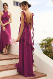 Cowl Neck Sleeveless Asymmetric Ruffle Gown Maxi Dresses-Purple