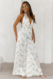 Floral Print Deep V Neck Halter Wide Leg Backless Jumpsuit-White