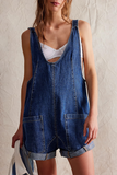 Deep V Neck Wide Straps Pockets Loose Fit Denim Casual Playsuit Romper-Blue