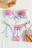 Hollow Out Tied Up Backless Tube 2 Pieces Plaid Print Bikini Sets