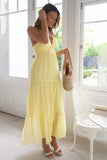 Halter Sleeveless Backless Tiered Pleated Flowy Vacation Maxi Dress