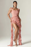 Square Neck Tiered Ruffle Sash Party Asymmetric Mini Dresses-Pink