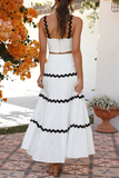 Colorblock Ripple Trim Crop Cami High Waist A-Line Maxi Skirt Matching Set-White