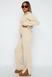 Turndown Collar Long Sleeve Sweater Plain Pants Matching Set-Beige