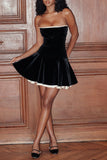 Velvet Strapless Lace Up Corset A-Line Pleated Mini Dresses-Black