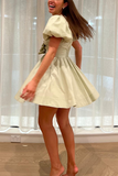 Deep V Neck Puff Sleeve Front Bow A-Line Mini Dresses-Green