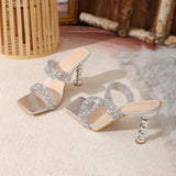 Rhinestone Embellished Square Toe Double Straps Slides Stacked Stiletto Heels