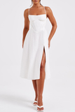 Jacquard Boat Neck Corset A-Line Slit Midi Strappy Dresses-White