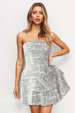 Newspaper Print A-Line Back Lace Up Ribbon Tiered Hem Mini Tube Dresses-Grey