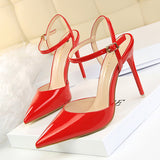 Burnished Plain Pointy Toe Ankle Strap Buckle Stiletto Heels