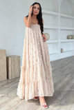 3D Flower Decor Loose Fit A-Line Ruffled Trim Maxi Slip Dresses-Pink