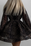 Leopard Print Turndown Collar Lantern Sleeve A-Line Mini Dresses-Black