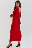 Pit Knit Long Sleeve Ribbon Back Crop Top Solid Midi Skirt Matching Set-Red