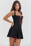 Lace-Up Corset Sleeveless Pleated Jacquard Mini Dress-Black