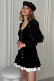 Long Sleeve U Neck Button Up Layered Trim A-Line Velvet Mini Dresses-Black