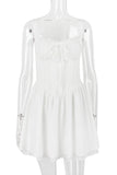 A-line White Boat Neck Tied Up Cami Backless Lace Up Pleated Embroidery Hem Mini Dresses