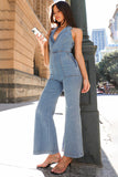 Lapel Collar Sleeveless Pocket Denim Flare Leg Jumpsuit-Blue