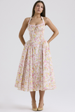 Sleeveless Halter Floral Print Corset A-Line Garden Party Midi Dresses-Pink